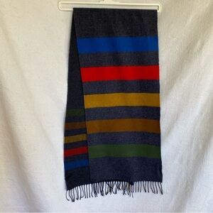 Men’s wool Trussardi scarf charcoal grey and multi coloured stripes.